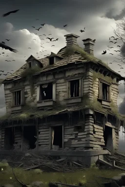 I want a house without a roof, and for it to be a tall, dilapidated building with scattered stones next to it, and for the roof of this building to be a huge, strong root, and in the sky there are many birds.