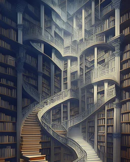 A surreal depiction of an endless library, with towering bookshelves and an intricate network of ladders, bridges, and walkways, in the style of architectural illusionism, atmospheric lighting, rich textures, and dramatic perspective, influenced by the works of M.C. Escher and Giovanni Battista Piranesi, inviting the viewer to explore the limitless possibilities of human knowledge.