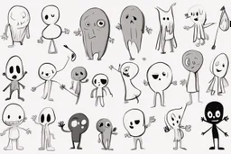 make a bunch of simple hand-drawn spooky and cute cartoon characters with bodies arms, and legs I could draw and make them all different