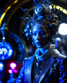 Captivating cinematic portrait of an alien man with intricate clock-like dial, adorned with gears and springs that move to create countless expressions. His metallic skin shines under the soft lighting, he wears a wig and a baroque-style frock coat, with an air of elegance. In the background, a concert hall with musicians and an audience captivated by the mechanical face of the alien, immersed in a whimsical and harmonious atmosphere