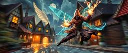 super duper mega ninja rock star fairy thief priest dungeons magician throwing a wild magic spell that performs while flying at high speed through cyber punk village, background motion blur, painted by Escher