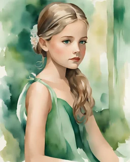 Painting of a young girl, beautiful face, close-up face, portrait painting, beautiful girl, vintage, 12 years old, young girl, emerald dress, dream room in the background, watercolor painting, watercolor painting, watercolor, beautiful watercolor painting, Fine detail watercolor, fine art, illustration, inspiration, gouache painting