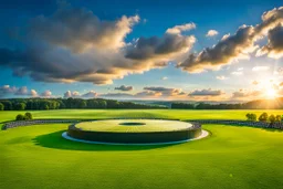 a big open disko stage in country side environment ,green field , at distance,blue sky pretty clouds ,sunset ,golden hour.