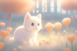 Sign: "You are a blessing"! composition, Against a light cracked holographic marble background, a cute chibi plushy fluffy knitted and embroidered cat on a flowerfield, love and heart, mist and fog in sunshine, drawn in orange glowing neon lines. The cracks in the background are golden. Ethereal, cinematic postprocessing.