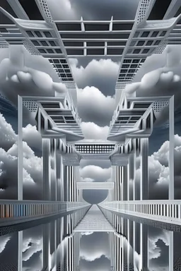 a bridge which has white clouds, in the style of futuristic digital art, grid formations, hall of mirrors, black and gray, photorealistic fantasies, multilayered dimensions, frontal perspective