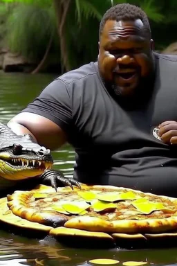 a obese black guy kicked a crocodile while eating a pizza