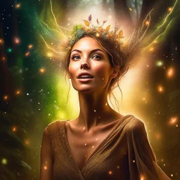 book cover illustration, portrait of brown hippie pixie hovering in the underground grove sparkling light confetti, in the style of dali, 8k, down-light, soft light, depth of field, photo realism, trending on art station, high detail, smoke and fog