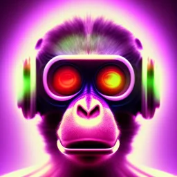 A beautiful portrait of a cyborg monkey purple neon color scheme, high key lighting, volumetric light high details psychedelic background