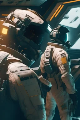Mercenaries pilots checking stuff on space fighter ship on a carrier in space in star citizen space suits
