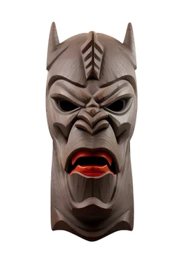 sculpture of a samourai warior head mask, oni, mouth open, angry face, totem form, wood