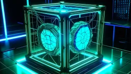 Cube tesseract from movie Loki. Tesseract should not be cropped. Located strictly in the middle of picture with navy blue/green glow inside tesseract. Without surface/table on which it stay.