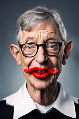 half grey haired half bald Bill Gates with a cow with big lipstick mouth, big lips