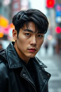 portrait, an realistic handsome 30 years old attraktive korean man with bad boy vibe, medium long dark hair, stunning dark eyes looks suggestively, masculine mouth and chin. sharp focus, high detalied, extrem realistic, black leather coat, or shirt, background in city, perfect photo
