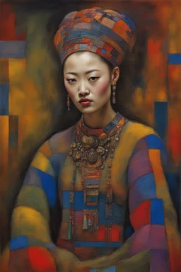 gorgeous portrait of a beautiful ancient princess. “Hmong Textile Patchwork Fashion Model" By Enki Bilal & Paul Klee & Jennifer Lommers & Hans Hartung & Meghan Duncanson & Mark Rothko & Dee Nickerson & Victor Brauner & Didier Lourenço & ∞ Modifiers: no text Colorful Oil On Rainy Night Canvas Unstructured Maximalism Novelty architecture internally decorative Crepuscular Luminosity Hyper-Structured Minimalism show objects in great details and accuracy Legit emotional reactions perfect body coordin