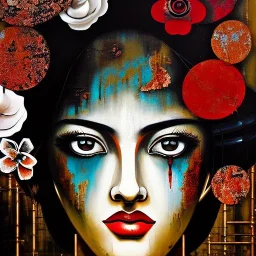 an abstract painting oil in canvas of rusted metal and flowers, Geisha portrait, rust, scaffolding, iron cladding, decay, mixed media, textured, anatomically correct, beautiful perfect face, sharp focus, highly detailed, ghost in the shell, Akira, BladeRunner movie poster, masterpiece, realistic, intricate detail, sci-fi fantasy style, volumetric lighting, particles, highly detailed ,cinamatic , deep colours, 8k, by Gustav Klimt