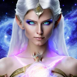 cosmic mage, elf, female, battle mage, epic, cosmic magic, long ears, white hair, face details, pale skin, jewellery, broad shoulders, glowing eyes, sharp ears, cosmic clothes, bright eyes, cosmic eyes, ears shown, light out of eyes, the cosmos in eyes, stars in eyes, shining eyes, small jaw