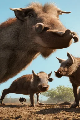 Close-up animation of a mischievous group of wild warthogs wearing sunglasses and attempting to breakdance in a comical fashion.