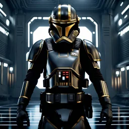 star wars bald male corellian pilot wearing gunmetal grey and black First Order special forces TIE pilot armored flightsuit and helmet with gold trim inside the jedi temple, centered head and shoulders portrait, hyperdetailed, dynamic lighting, hyperdetailed background, 8k resolution, volumetric lighting, light skin, fully symmetric details