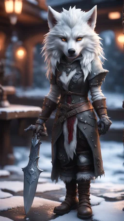 white wolfs mane, full figure with metallic stone gauntlets holding dark jagged dagger, standing on frozen wet tiled floor outside fantasy tavern, focused female brownie vampire gnome from worms armageddon wearing makeup, bokeh like f/0.8, tilt-shift lens 8k, high detail, smooth render, down-light, unreal engine, prize winning