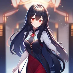 Clear focus, high resolution, black long fluffy hair, red eyes, wearing a cute outfit, kawaii