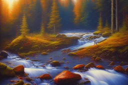 Oil painting with knife, Rapides, Cascade, River Moose, Noon Sun, Under the Rockwoods.