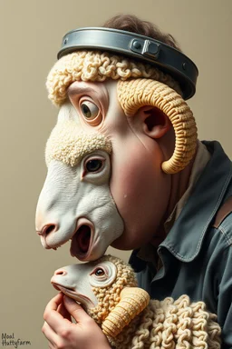 ("yummy yummy")side profile, with heading (autofarm) in poster form,a portrait of a very very fatty head mechanic sheepman, man is eating a hybrid mixed body part sheep, giant eyes sheep alien style H.R giger look. as one headed mouth open, rough teeth, turn head, (&*&*^%$^#%$#%$^%$#^#$#^%#$^$#&#^46747854784846857