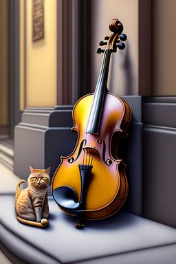 One single mature cat, sleeping in a corner on the street, violin case, Vienna, model style, hyper realistic, extremely accurate, delicate, extremely detailed, Graphic novel style, wide-angle, open aperture, superfine pencil