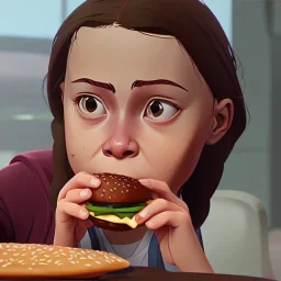 Greta Thunberg eating cheeseburgers oozing with grease.