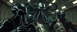 master oil painting by Rembrandt, black glistening slimy octopus insectoid hypnotic Nephilim tribe trauma watchers commando in spaceship with some scared humans in huge canisters, in the style of Giger, 3d anime