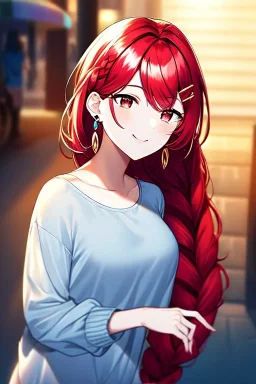 girl, masterpiece, best quality, cinematic lighting, detailed outfit, vibrant colors, perfect eyes, red hair, red eyes, long hair, braided ponytail, hairclip, earrings, smile, casual clothes,