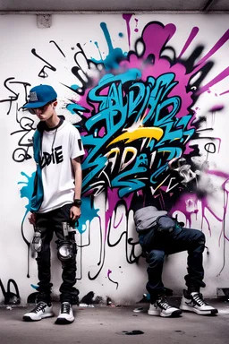 graffiti high reality of a cyberpunk boys and a basecap with text "Addie".On wall, photographer, explode, white background.