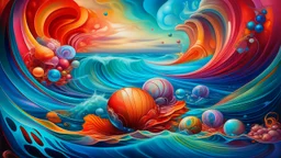 A surrealistic painting of floating seashells in a dream-like ocean setting, enhanced with vibrant colors and abstract shapes