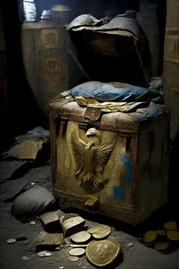 in a LARGE BASEMENT, half-buried in the earth, an ancient, worn-out, worn-out, torn-side valise peeks out, from which gold coins from the time of Catherine the Great fall out. The ancient coat of arms of Russia, the double-headed eagle, is BARELY VISIBLE on the bag. There are a lot of broken bricks and earth around the bag. All in high quality 8K