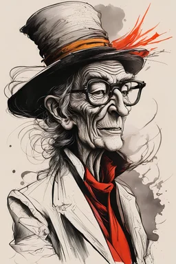 create an ancient blind female sorceress with highly detailed and refined facial features, raggedly clothed in the caricature cartoon style of Gerald Scarfe and Ralph Steadman, precisely drawn, boldly inked, vividly colored, 4k