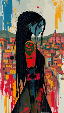 full body, wildly stylized abstract realist painting of a bold, audacious vampire girl with highly detailed long dark braided hair and facial features in the style of Jeremy Mann, her silhouette residing amidst bold, attention-grabbing abstract design that's defined by a wash of vibrant, saturated natural hues, juxtaposed against stark, surrealist medieval Spanish landscape of bustling colored cityscapes