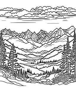 drawing with pen outline art for adults coloring book a line drawing no grey color drawing with pen outline art for adults coloring book,A majestic mountain landscape with the first rays of sunlight illuminating the snow-capped peaks, with shimmering lakes in the foreground and a pine forest below." white background, sketch style, only outlines used, cartoon style, lines, coloring book, clean lines, no background. White, Sketch styl