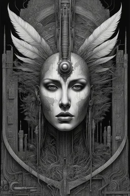 a Indian feathers on and with computer chips and a smoke in the background dark a thin line draw ، front view camera, decayed and proportions and imagery. surreal chorror, biomechanical design, by hr giger and beksinski , fine lines draw