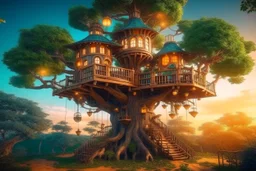 a huge tree floating in the sky, a warm and cozy treehouse on the tree, firelights, ornaments, christmas vibes, beautiful, comfy palace, home