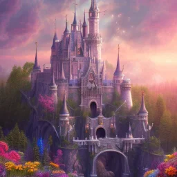 8K realistic dreamscape with magical pastel colored castle, Cascades of bright flowers, majestic, intricate, masterpiece, insanely detailed, cinematic smooth, intricate details , soft smooth lighting, soft smooth pastel colors, iridescent accents