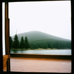 A polaroid photo of an odd room. There is a group of fir trees in the background and a high hill in the distance. A lake. The surface below is in a pastel color. Fog is present.
