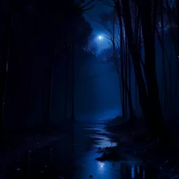 midnight sadness, really dark rainy forest, dark blue hue