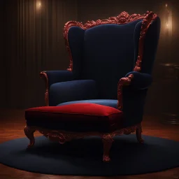 A freestanding wing chair in midnight blue velvet with a red round cushion. Illustrative art, art interpretation, concept art, cgsociety contest winner, seasonal art, seasonal art HD, 4k, 8k, intricate, detailed, intricately detailed, luminous, translucent fantasy crystal, holographic data, soft body, shadow play, light, fog, atmospheric, cinematic, light film, hyper-detailed, hyper-realistic, masterpiece, atmospheric, high resolution, 8k, HDR, 500px, mysterious and artistic digital art, phototi