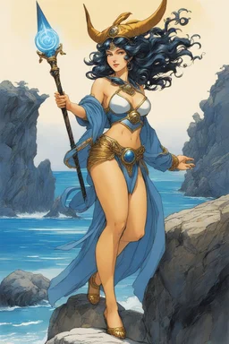 (in the style of Orion, by Masamune Shirow) Circe Odysseus' witch points the camera to say "thank you", she smiles on a rock of her island , she holds a panel "Thank You!"
