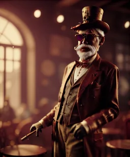 steampunk, cabaret scene. old man. Sunglasses, rain, smoking, happy, hot, people background, highly detailed, concept art, unreal engine 5, god rays, ray tracing, RTX, lumen lighting, ultra detail, volumetric lighting, 3d, finely drawn, high definition, high resolution.