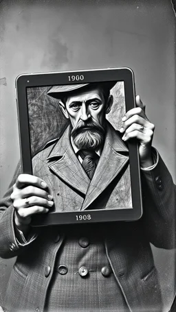 An old picture style of black and white mono very bad quality looks very old camera picture with cracks Pablo Picasso, War and Peace, holding an iPad, year 1900