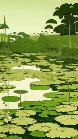 An olive green wetlands with lily pads painted by Katsushika Hokusai