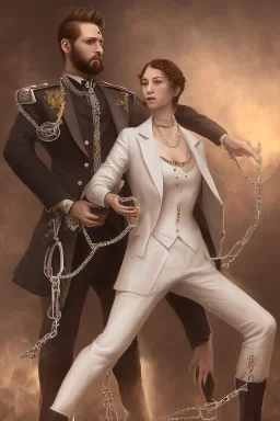 BDSM style, 8K, a Highly detailed portrait of a man holding a submissive woman in the chain, white suit, beard, and short hair