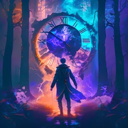 A hardstyle time traveling man in front of a huge transparent clock walking through a forest from back in blue, violet and orange with fire, lightnings, dust, fog and electric power.