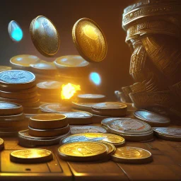 dynamic lighting, Intricately detailed, Splash screen art, deep color, Unreal Engine, volumetric lighting, silver coins, pile of coins, pirate treasure, stacked coins,