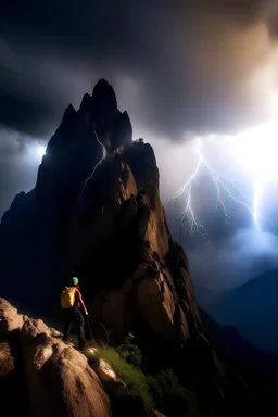 Two climbers on high mountain, big stor and lightning.
